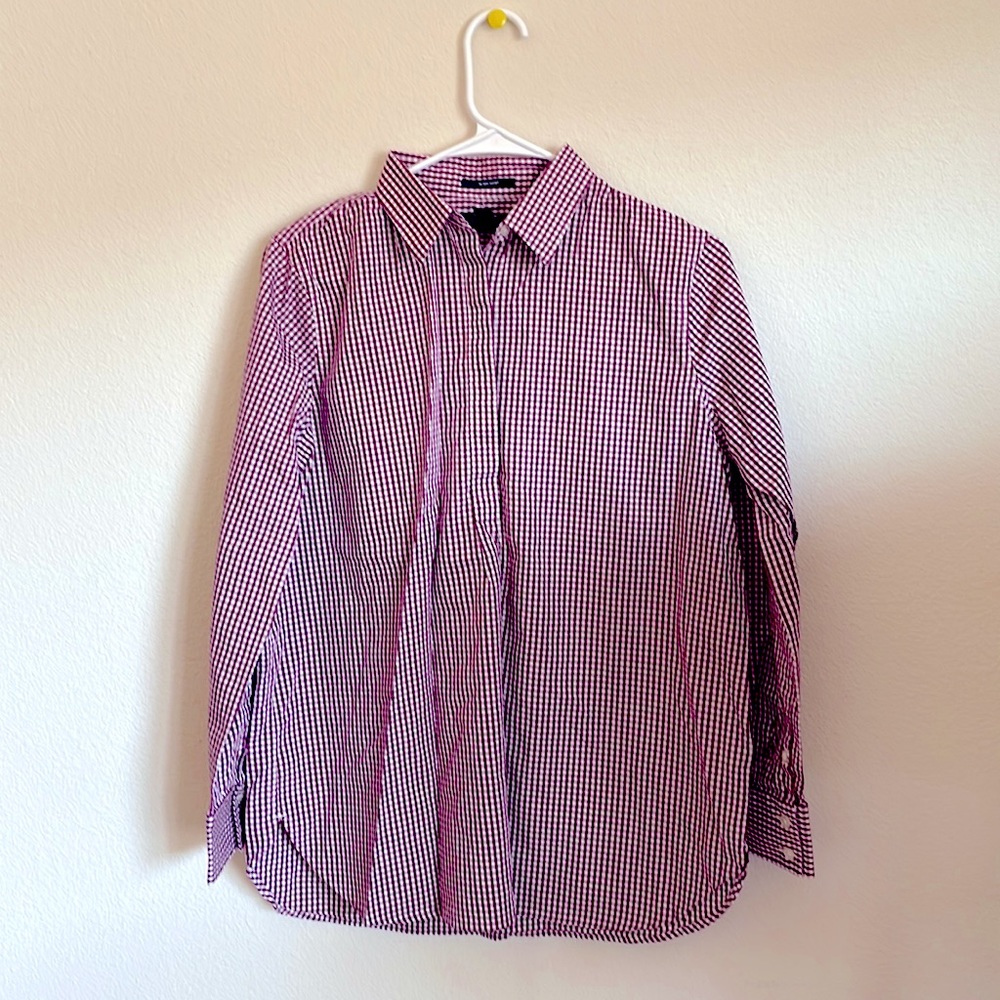 Land’s End shirt/ tunic in white/ maroon check print